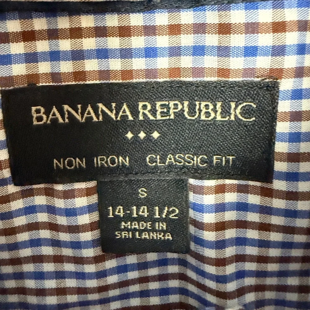 Banana Republic Mens Non Iron Classic Fit Gingham Check Dress Shirt Blue Brown S